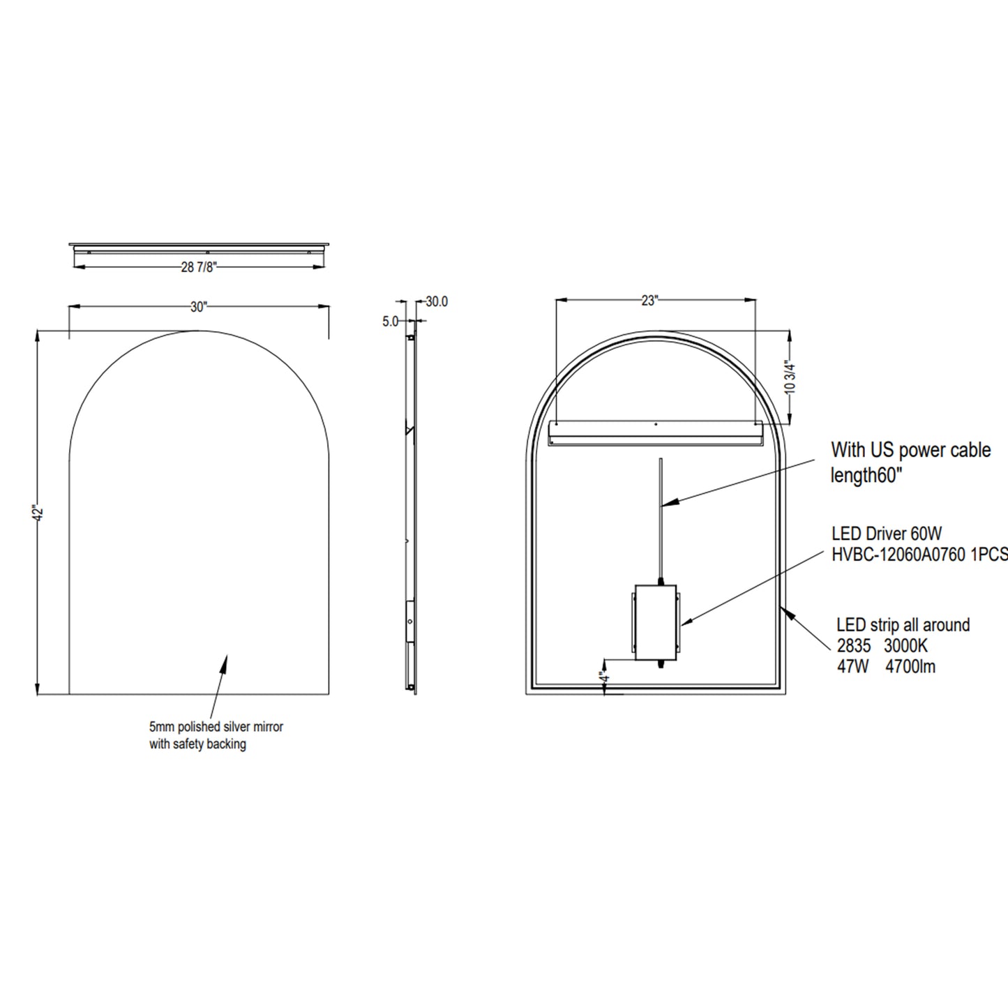3042 Designer Series Arch Backlit Mirror With Touch Switch LED Light 30"x42"