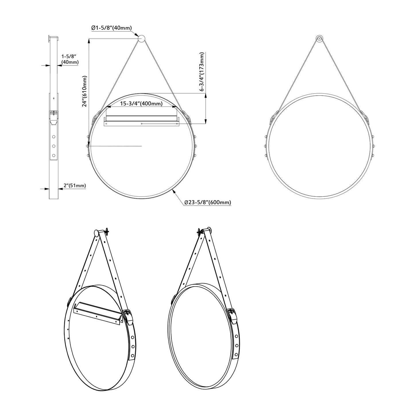 Sia 24″ Round Hanging Belt Wall Mirror