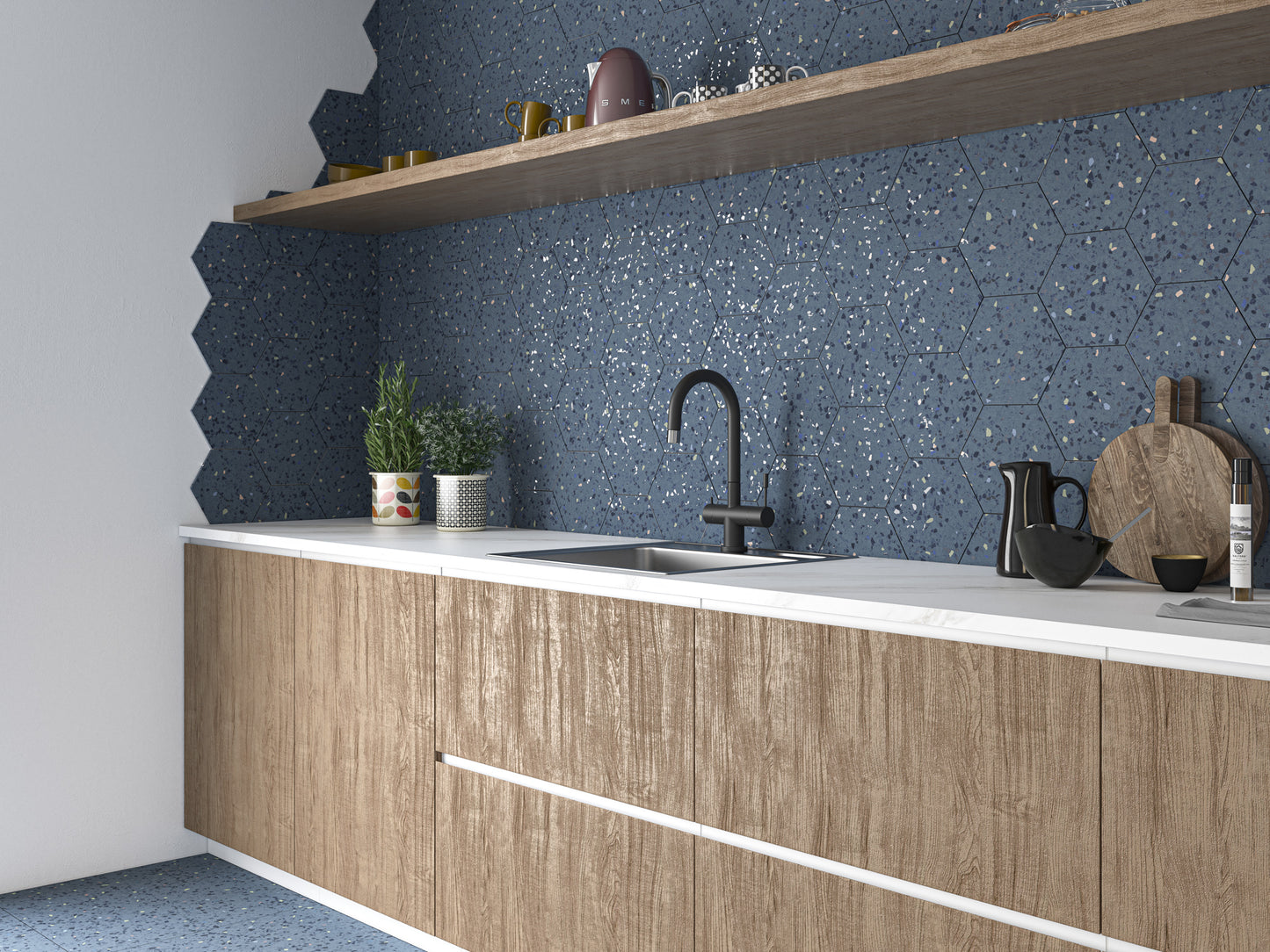 Spark Hexagon Dark Blue Porcelain Tile 8x9"