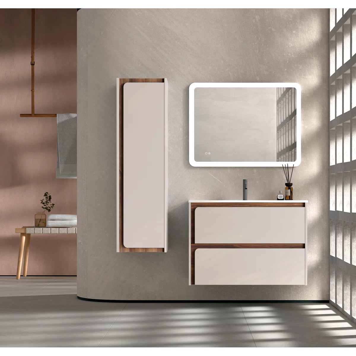 Cordano 32" Cotton / Dark Wood Wall-Mounted Bathroom Vanity Base - Tilevanity.com