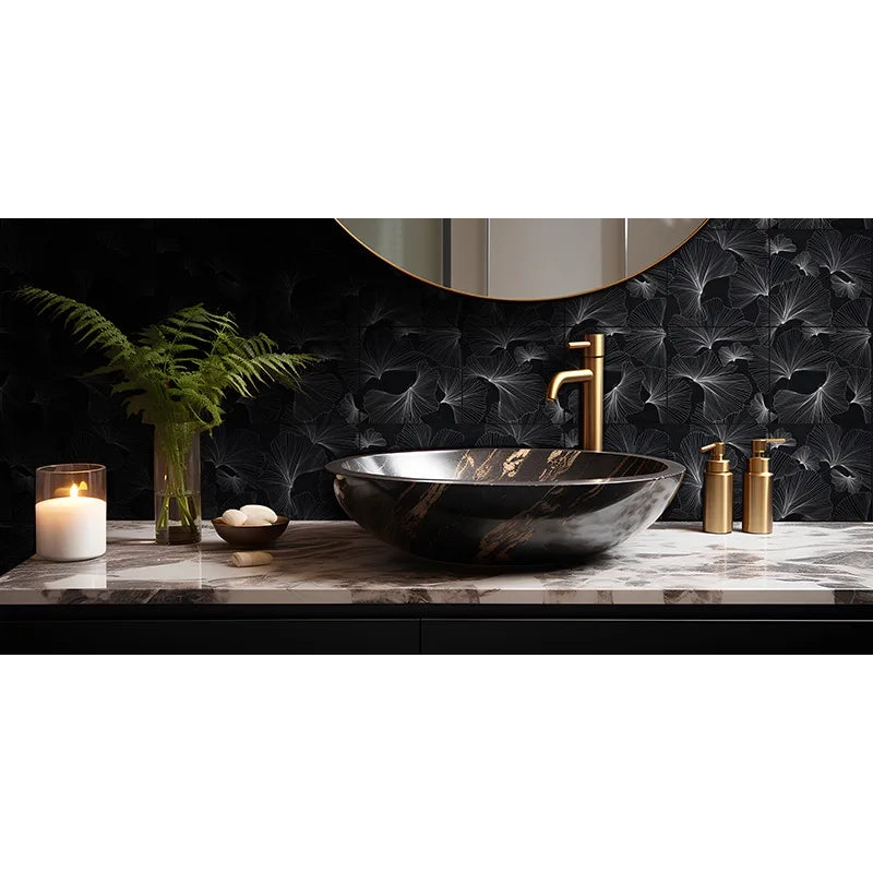 Foliage Black Limestone Designer Mosaic 12x12"