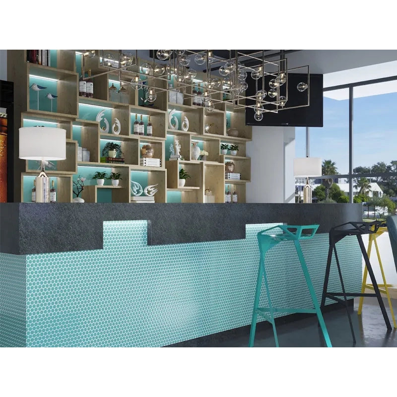 Penny Round Teal Glossy Porcelain Tile Mosaic - Tilevanity.com