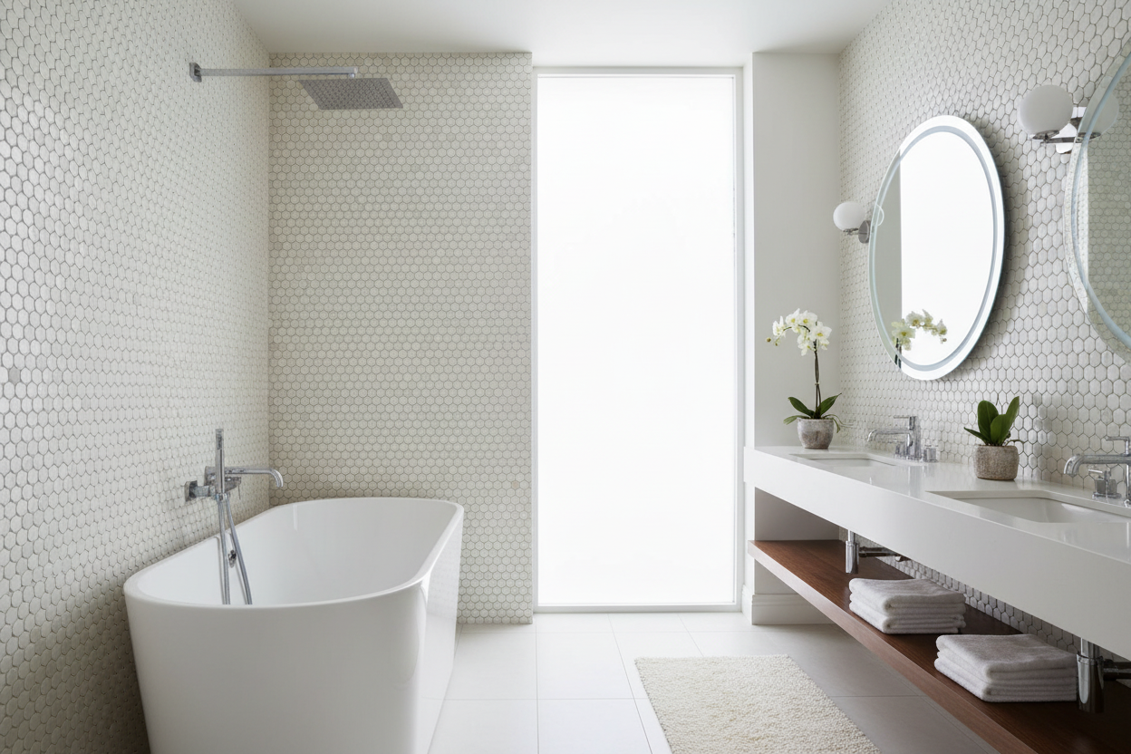 Penny Round Beige Glossy Porcelain Tile Mosaic - Tilevanity.com