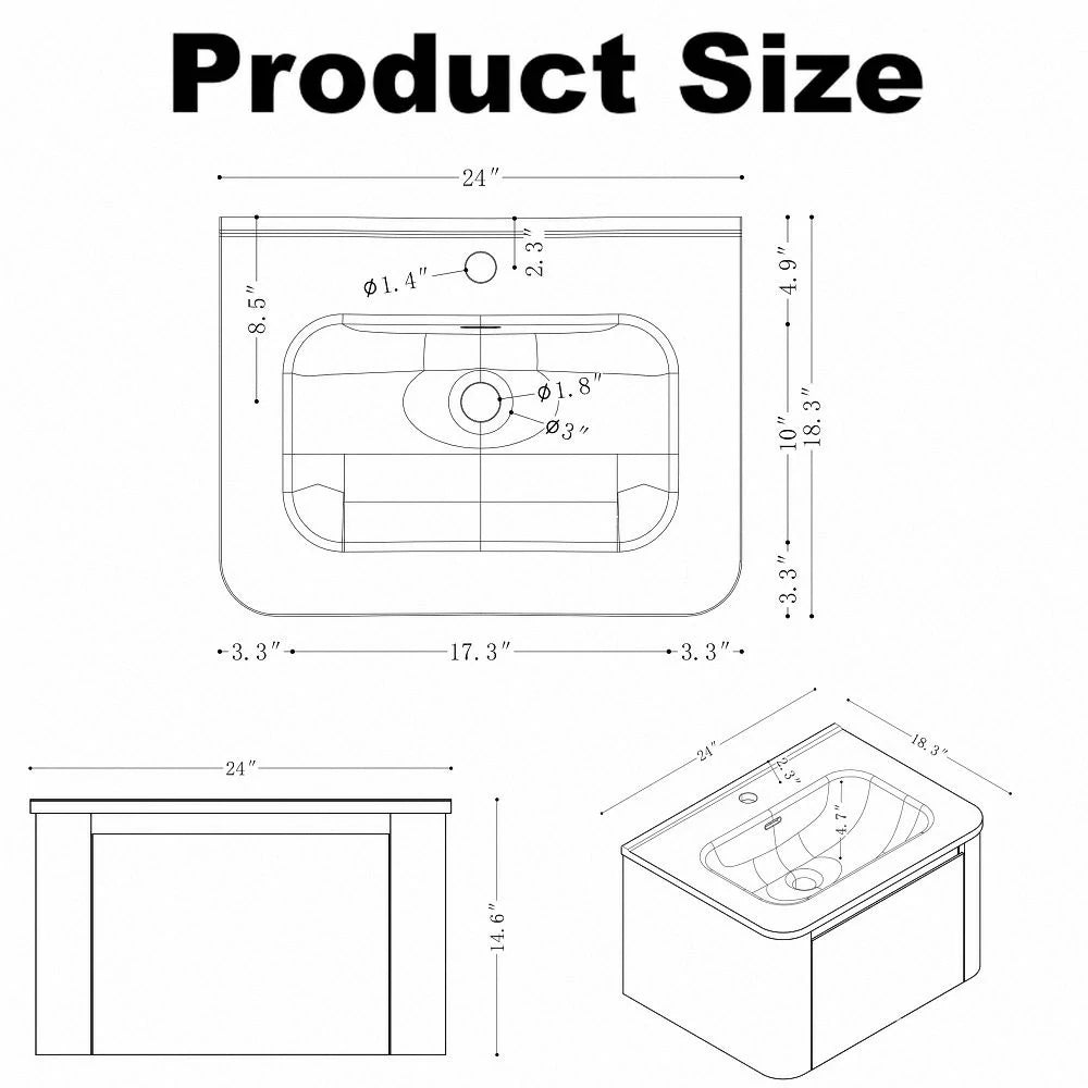 Riley Grey 24" Wall Mounted Bathroom Vanity with Basin
