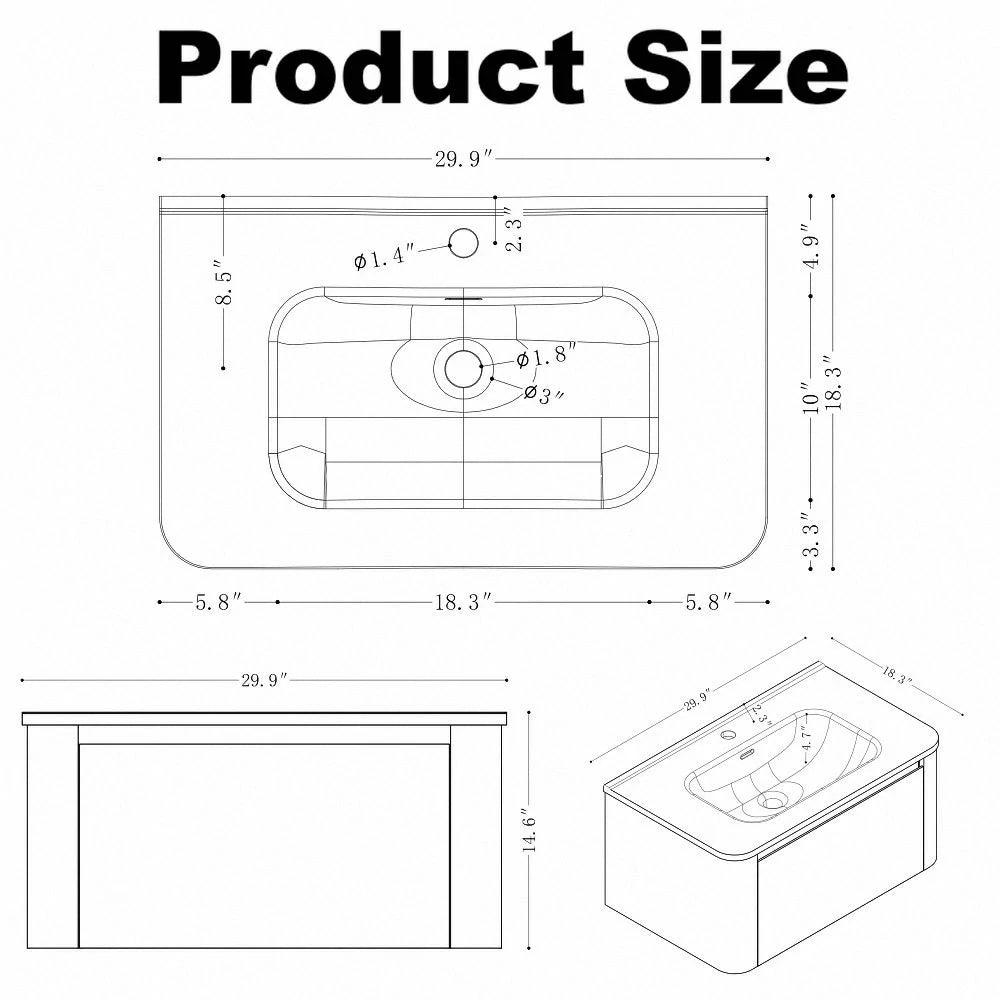 Riley Grey 30" Wall Mounted Bathroom Vanity with Basin