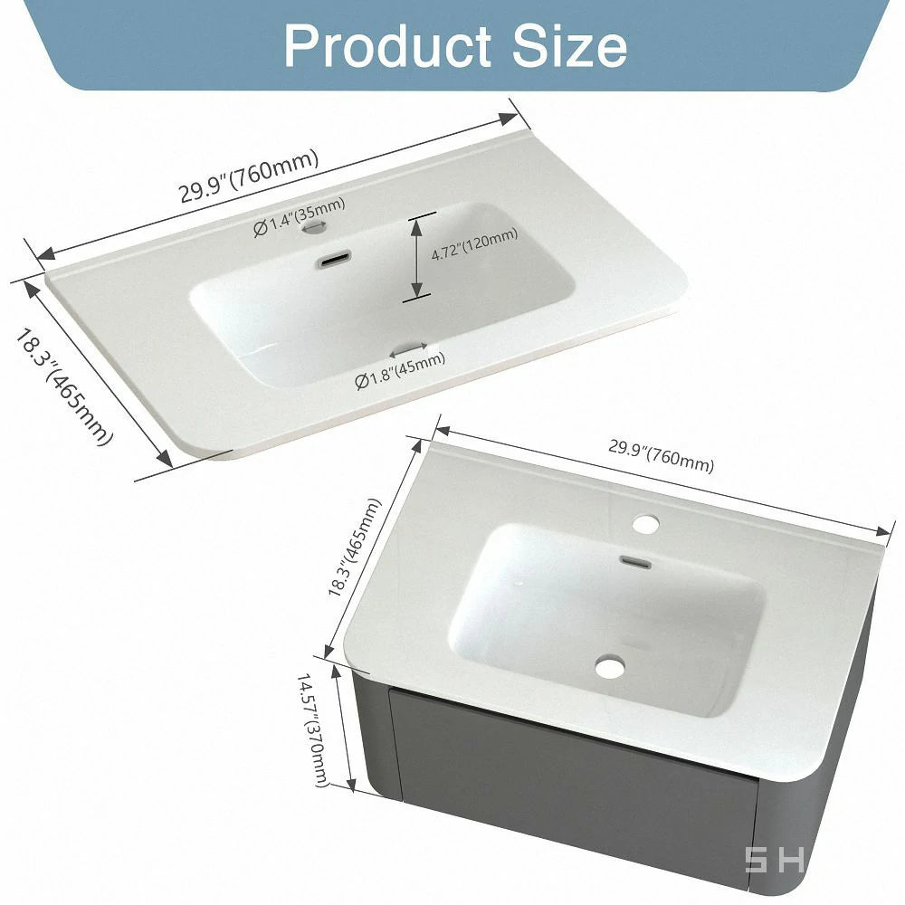 Riley Grey 30" Wall Mounted Bathroom Vanity with Basin
