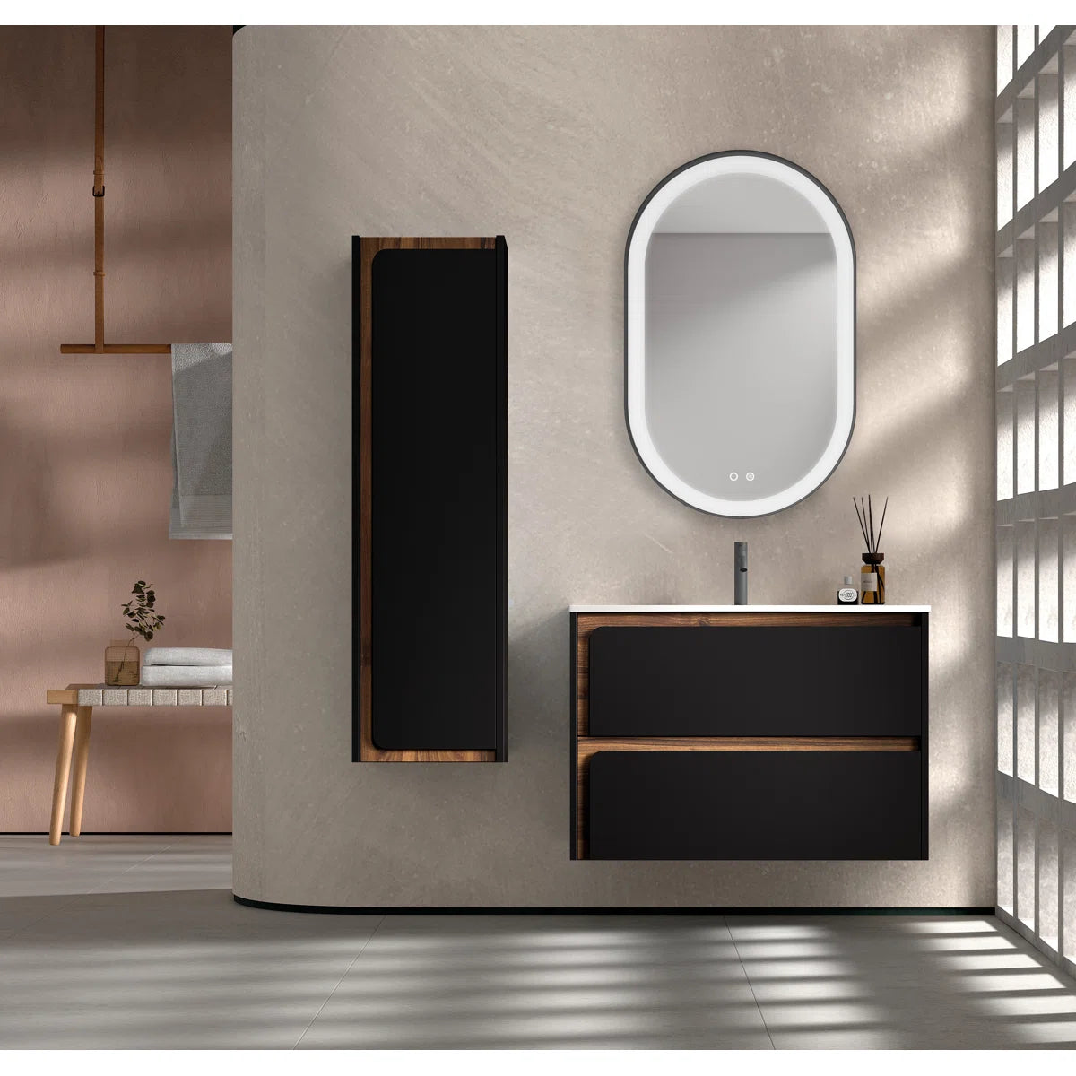 Cordano 24'' Black / Dark Wood Wall Mounted Single Bathroom Vanity w Ceramic Top Sink - Tilevanity.com