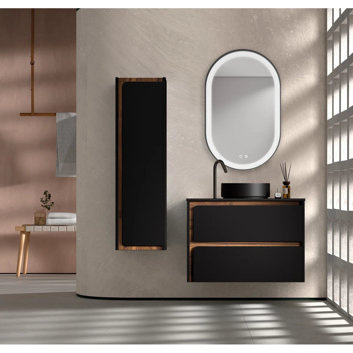 Cordano 48" Black/ Brown Wood Linen Cabinet - Tilevanity.com