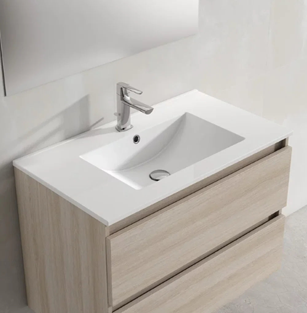 Cordano 40" Taupe / Natural Wood Vanity with White Sink - Tilevanity.com