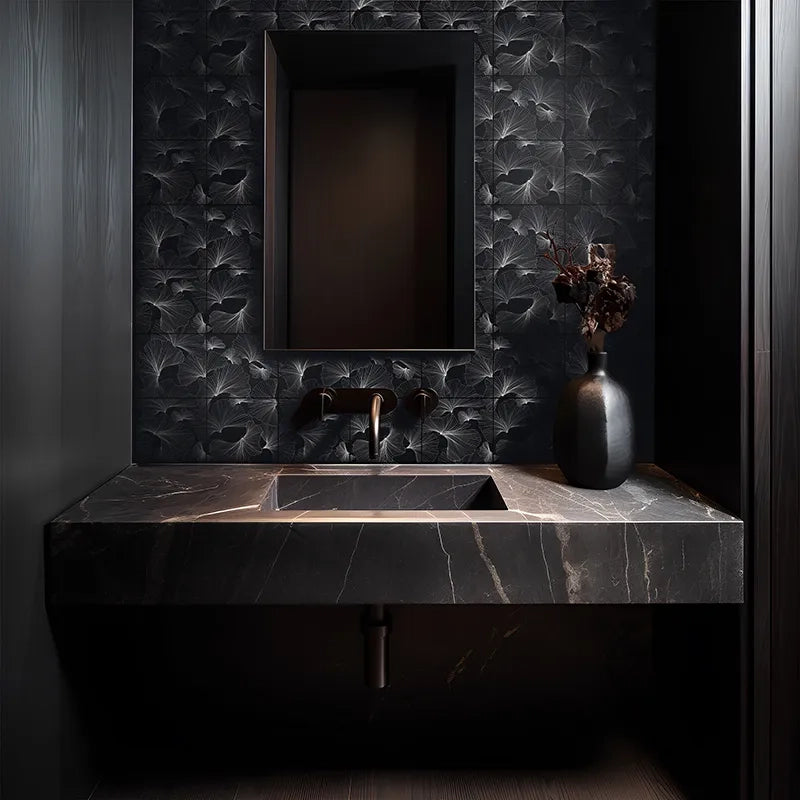 Foliage Black Limestone Designer Mosaic 12x12"