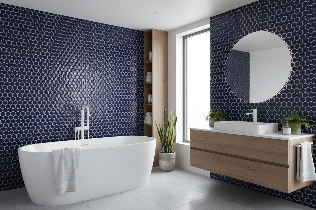 Penny Round Navy Blue Glossy Porcelain Tile Mosaic - Tilevanity.com