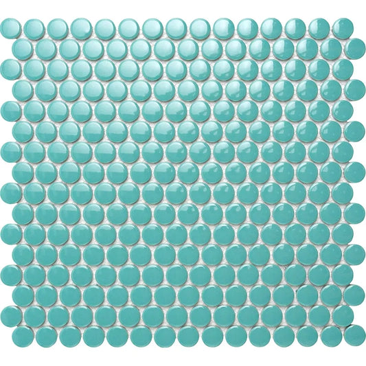 Penny Round Teal Glossy Porcelain Tile Mosaic - Tilevanity.com