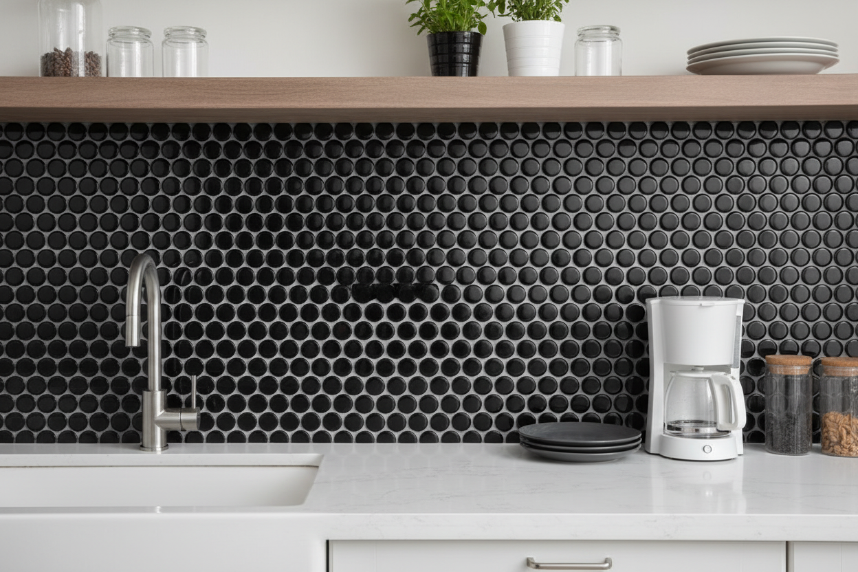 Penny Round Black Glossy Porcelain Tile Mosaic - Tilevanity.com