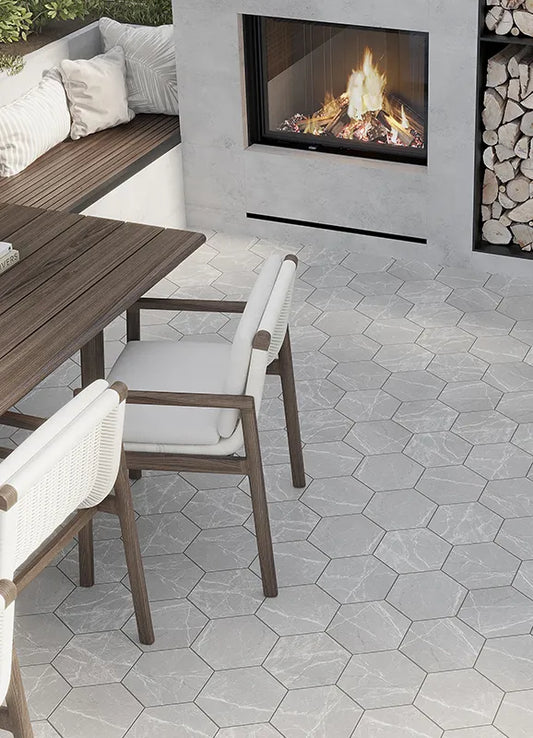 Marble Pietra Gray Matte Hexagon Porcelain Tile  8" × 9"