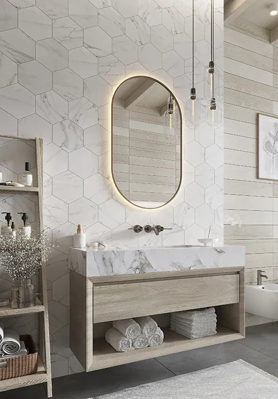 Marble Matte Hexagon Porcelain Tile  8" × 9"  | 2 Colors