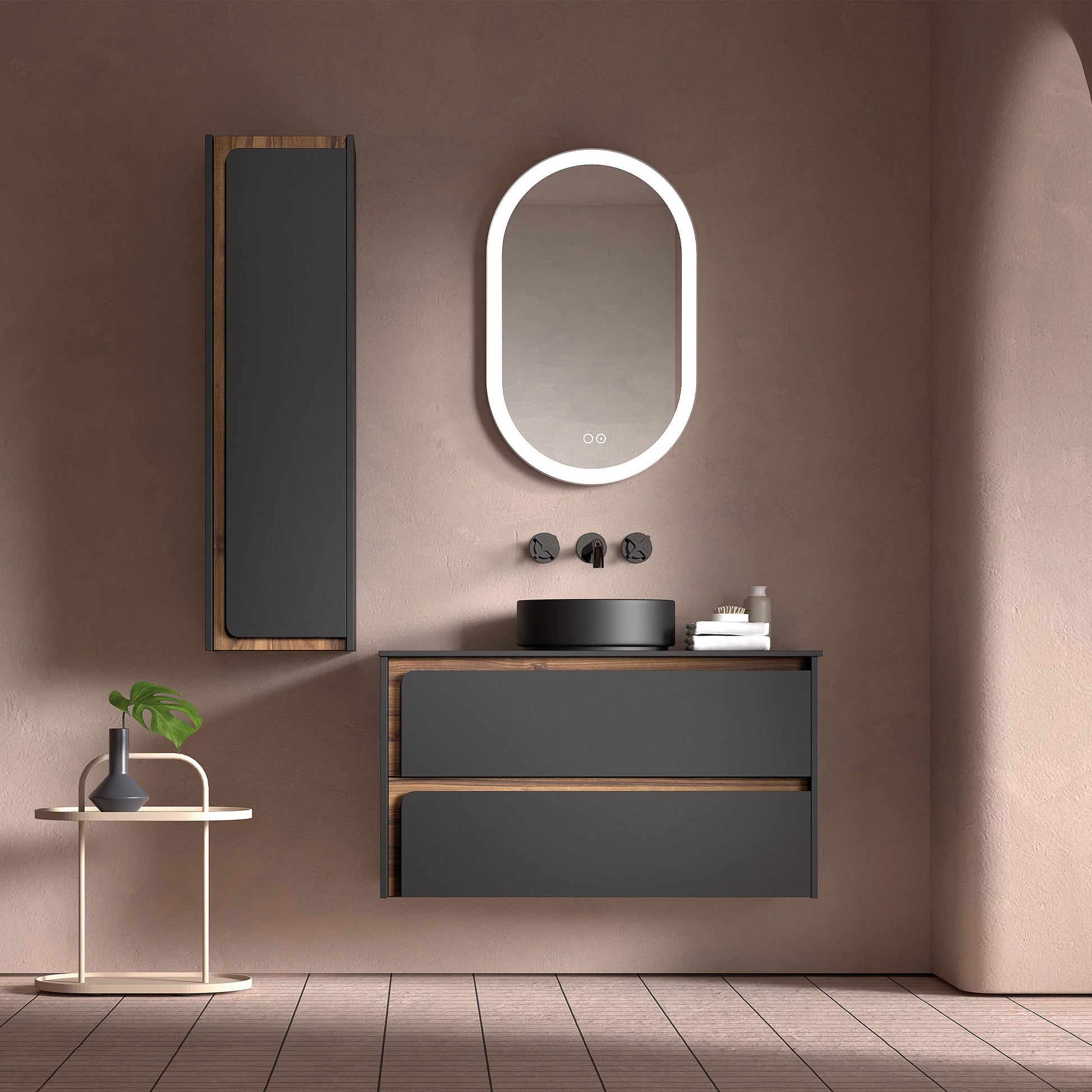 Cordano 40" Black / Brown Wood Vanity with White Sink - Tilevanity.com